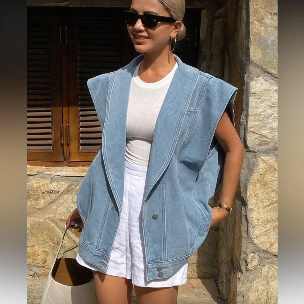 Sleeveless Light Blue Denim Vest Jacket - Picture 1 of 6